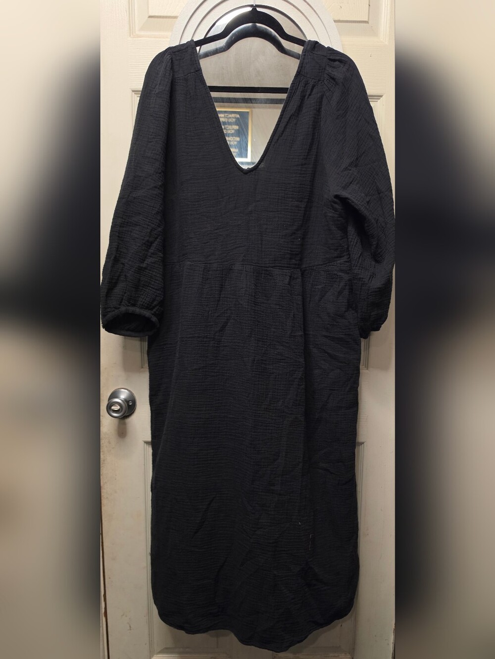 Madewell Black V-Neck Midi Dress with Puff Sleeves